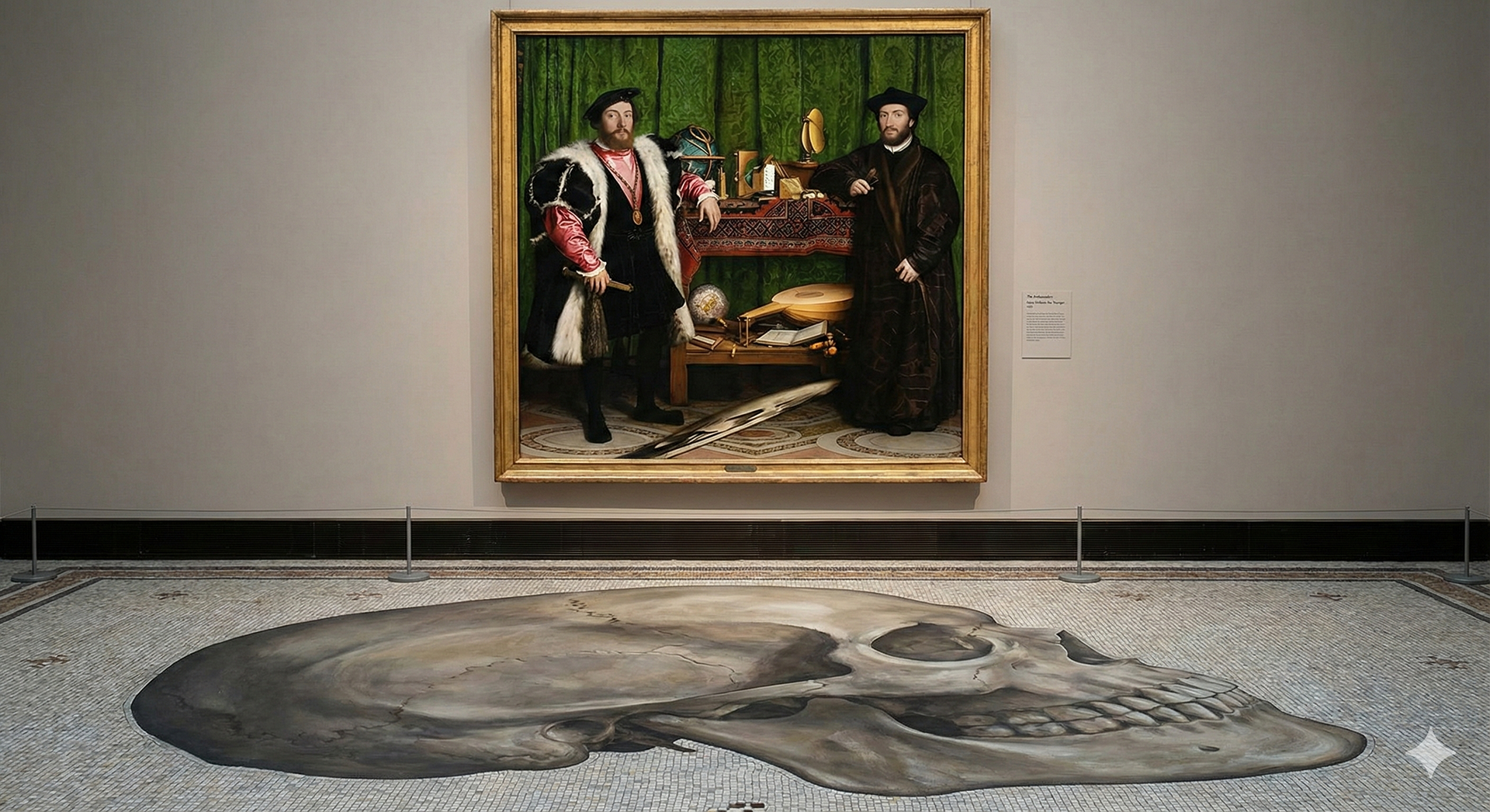 Hans Holbein'in "Elçiler" (The Ambassadors) tablosu, özellikle yerdeki yamuk kafatası detayını vurgulayan bir görsel.