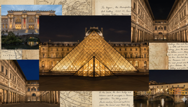 Louvre Müzesi'nin ikonik cam piramidi (gece ışıklandırmalı) veya Paris/New York/Floransa şehirlerinden estetik bir müze kolajı.
