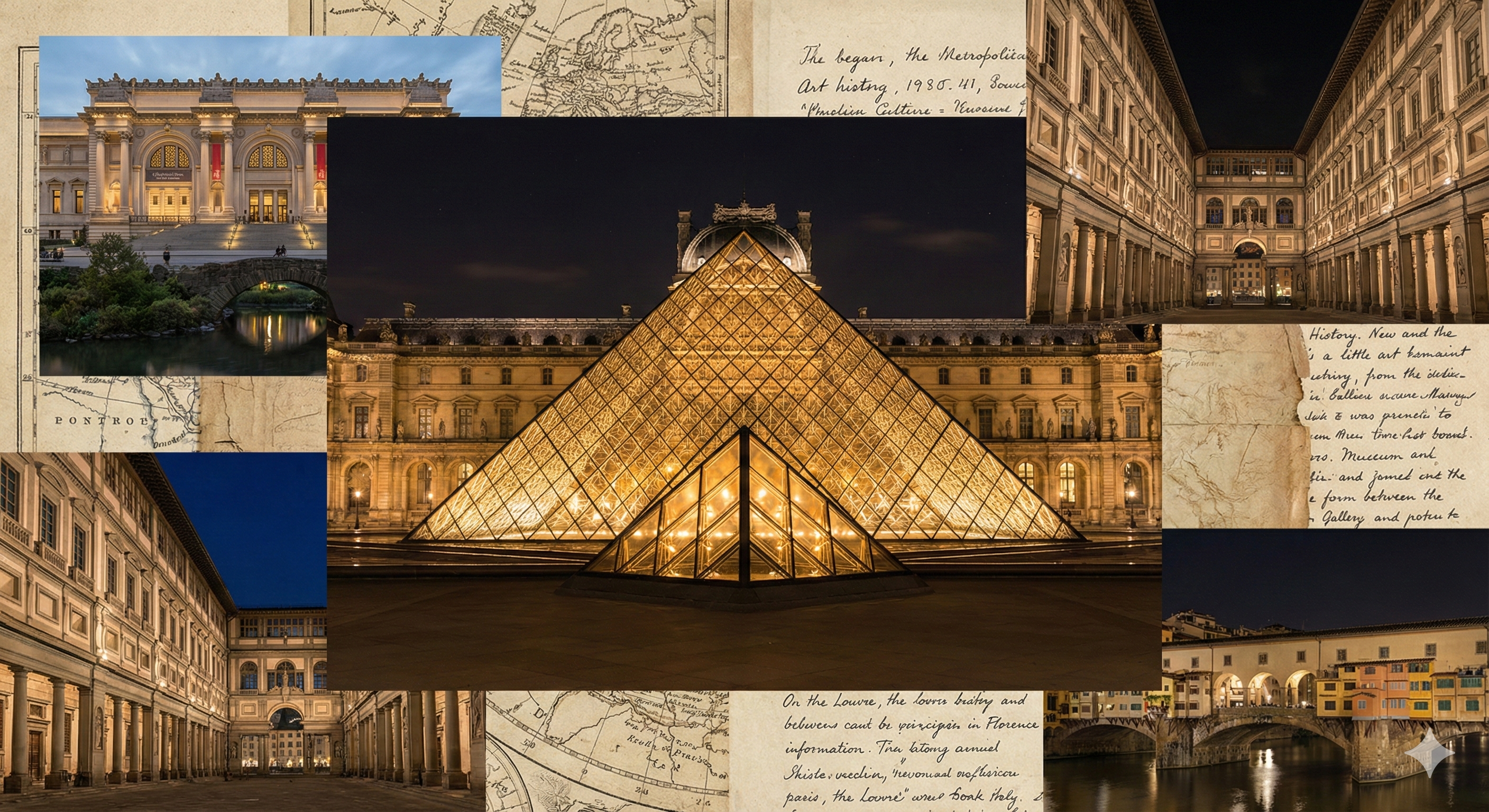Louvre Müzesi'nin ikonik cam piramidi (gece ışıklandırmalı) veya Paris/New York/Floransa şehirlerinden estetik bir müze kolajı.
